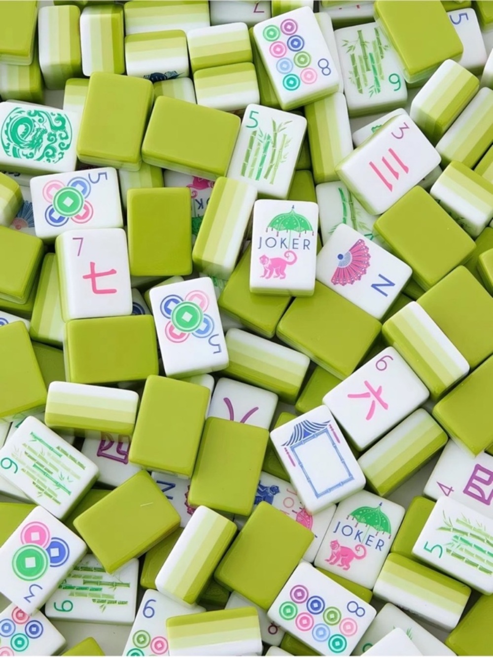 Green Mahjong Tiles Set - Pink & Blue Accents